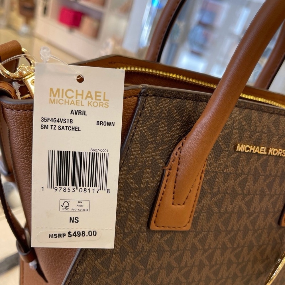 Michael Kors Avril Small Leather Logo Satchel Crossbody Brown Top Zip Bag NWT - Picture 9 of 16